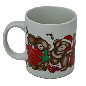 Vintage 90s Christmas Dancing Teddy Bear Mug Cottage Holiday Grandmacore‎